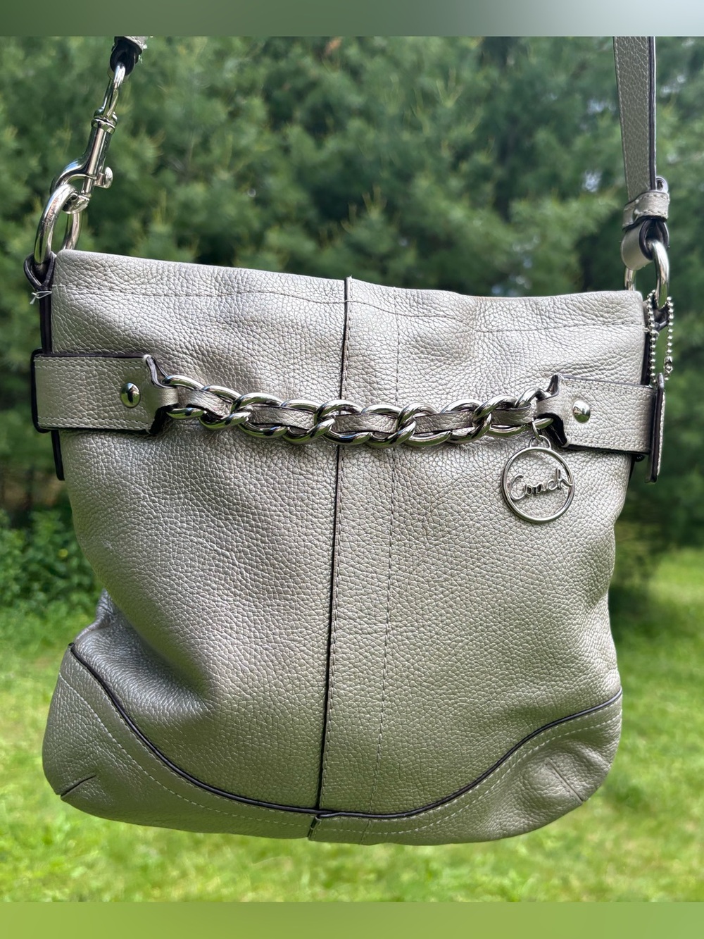 Coach Metallic Silver Leather Chain-Accent Crossbody Bag